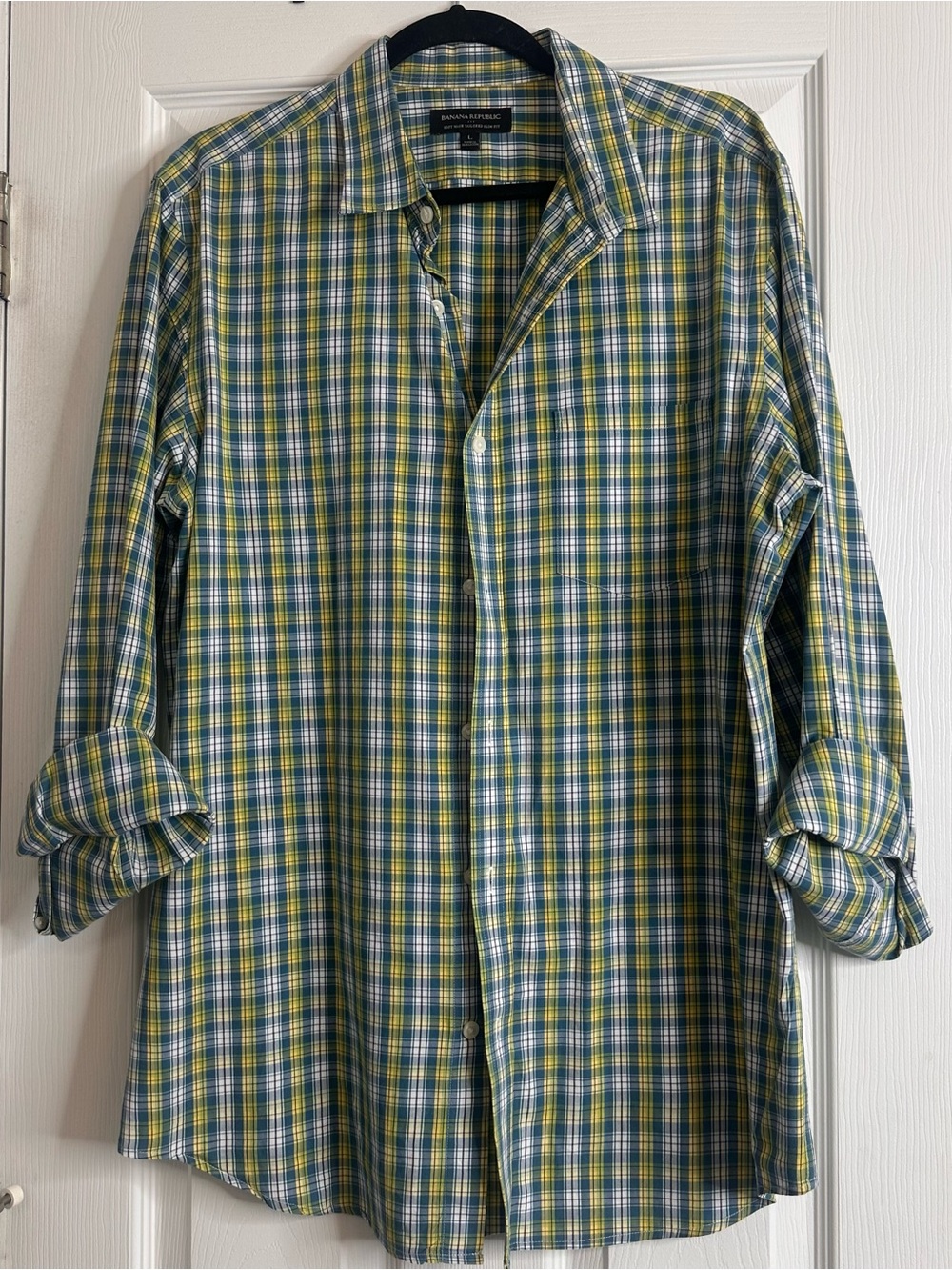 Banana Republic Plaid Button-Down, Slim Fit Shirt, Blue & Yellow Mens Large